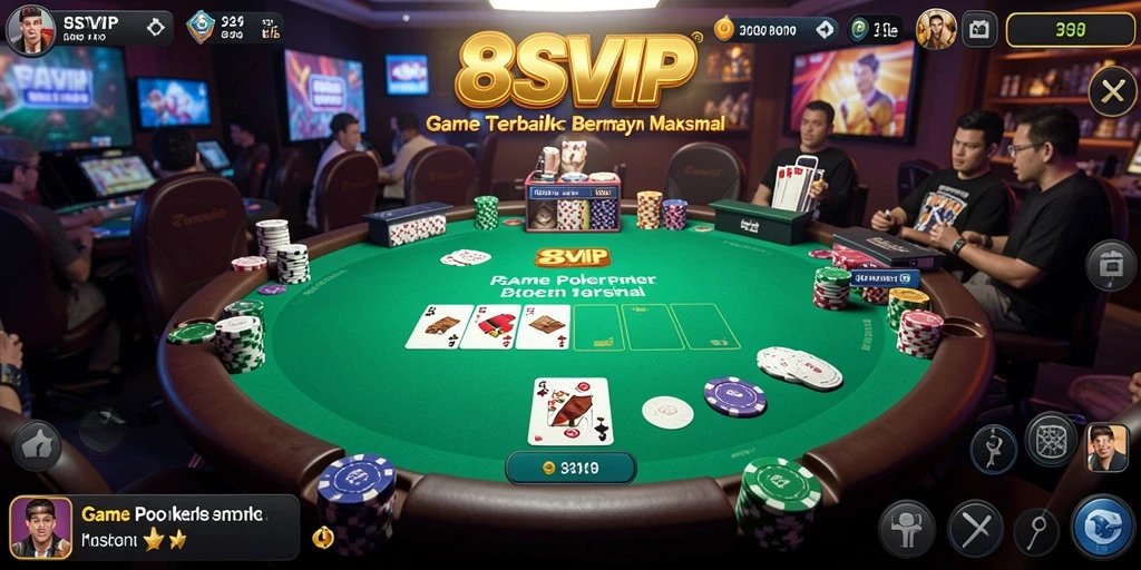 Screenshot gameplay <strong>8SVIP</strong> menampilkan meja poker yang ramai dan pemain yang bersemangat.