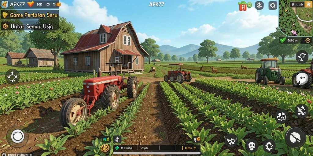 Tangkapan layar menunjukkan aktivitas pertanian di AFK77 dengan ladang yang subur.