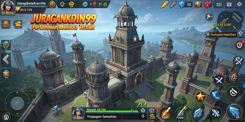 Screenshot gameplay JURAGANKOIN99 menunjukkan aksi menara bertahan melawan gelombang musuh.
