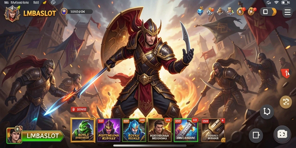Screenshot gameplay LMBASLOT menampilkan aksi pertempuran yang seru di arena.